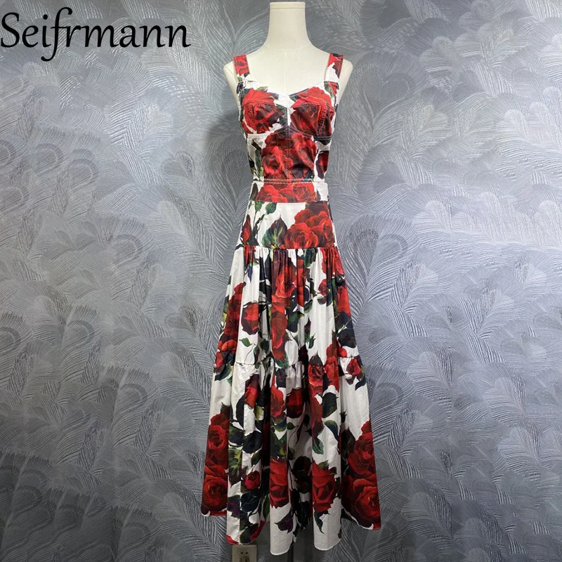 

Seifrmann 2026 Summer Women's New Fashionable Strap Cotton Printed Top+Long Half Skirt Two Piece Set