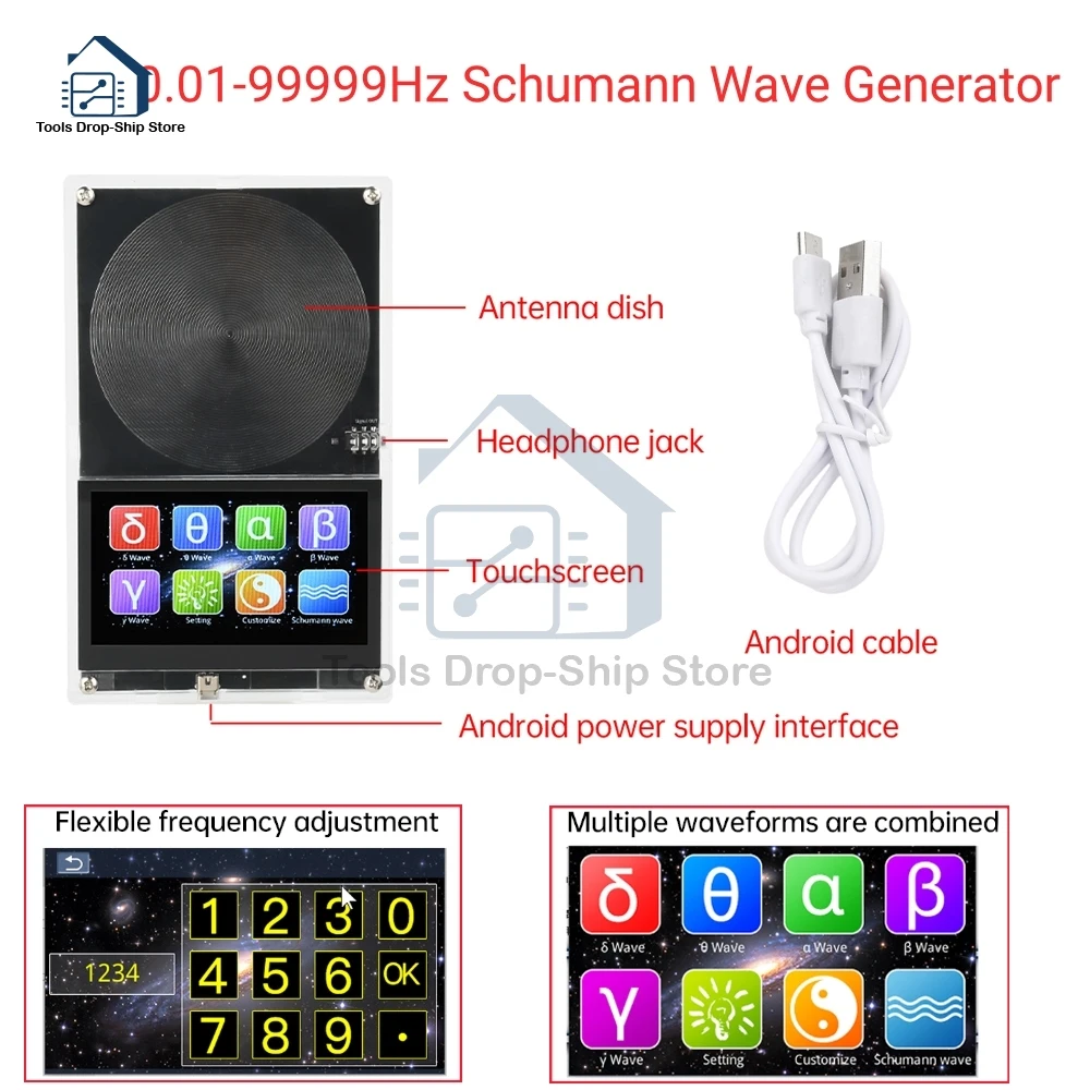 

0.01-99999Hz Schumann Wave Generator Touch Screen Ultra-low Frequency Pulse Wave Generator Audio Resonator with Case DC5V