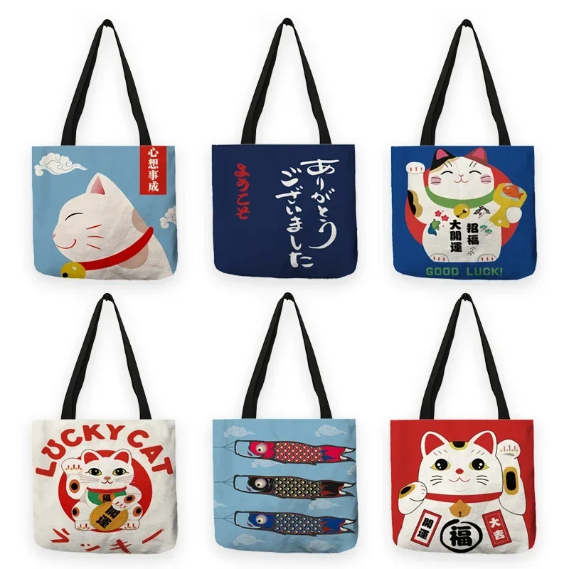 Mvensh B13011 Cute lapanese Fortune Cat Print Women Handbags Shoulder Bag Reusable Shopping Bags Large Capacity