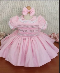0-12Y Baby Girl Summer Pink Flower Handmade Embroidery Smocked Dress for Eid Birthday Party Holiday Photography Casual A150