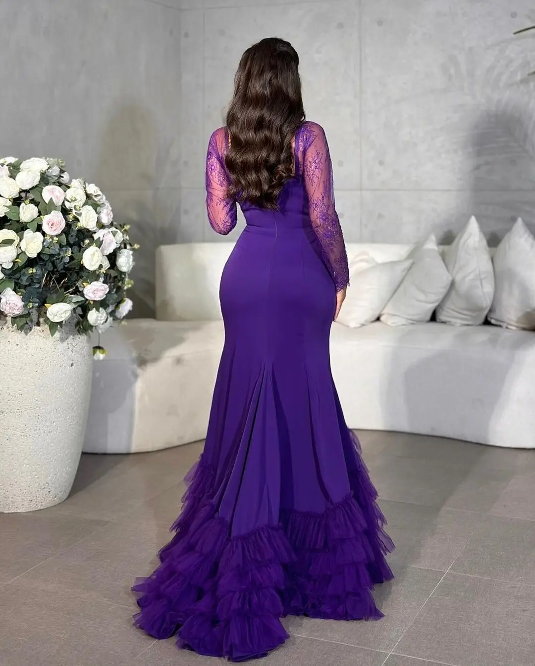 Eightale 2025 Long Sleeve Purple Evening Dress Wedding Party Ruffles Tail Mermaid Formal Prom Dress Party Gown