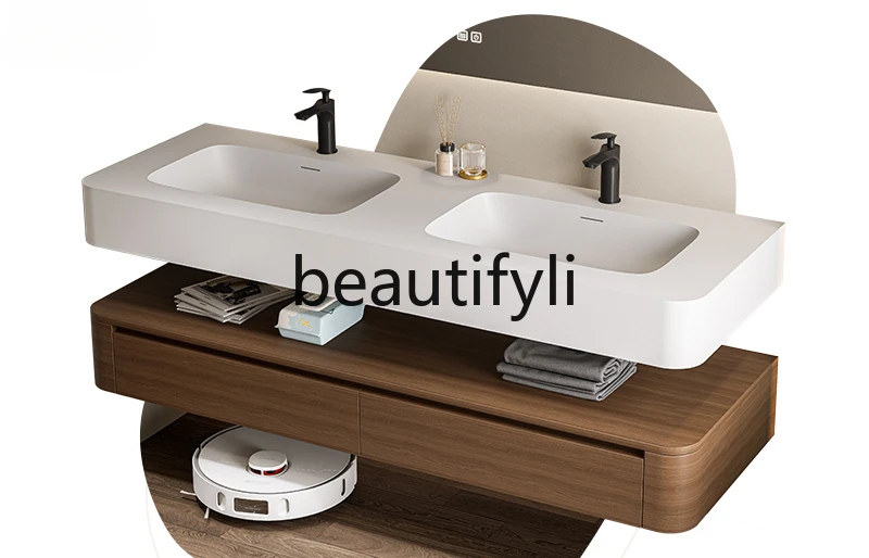 

Integrated double basin double faucet walnut rubber wood enlarged basin bathroom cabinet