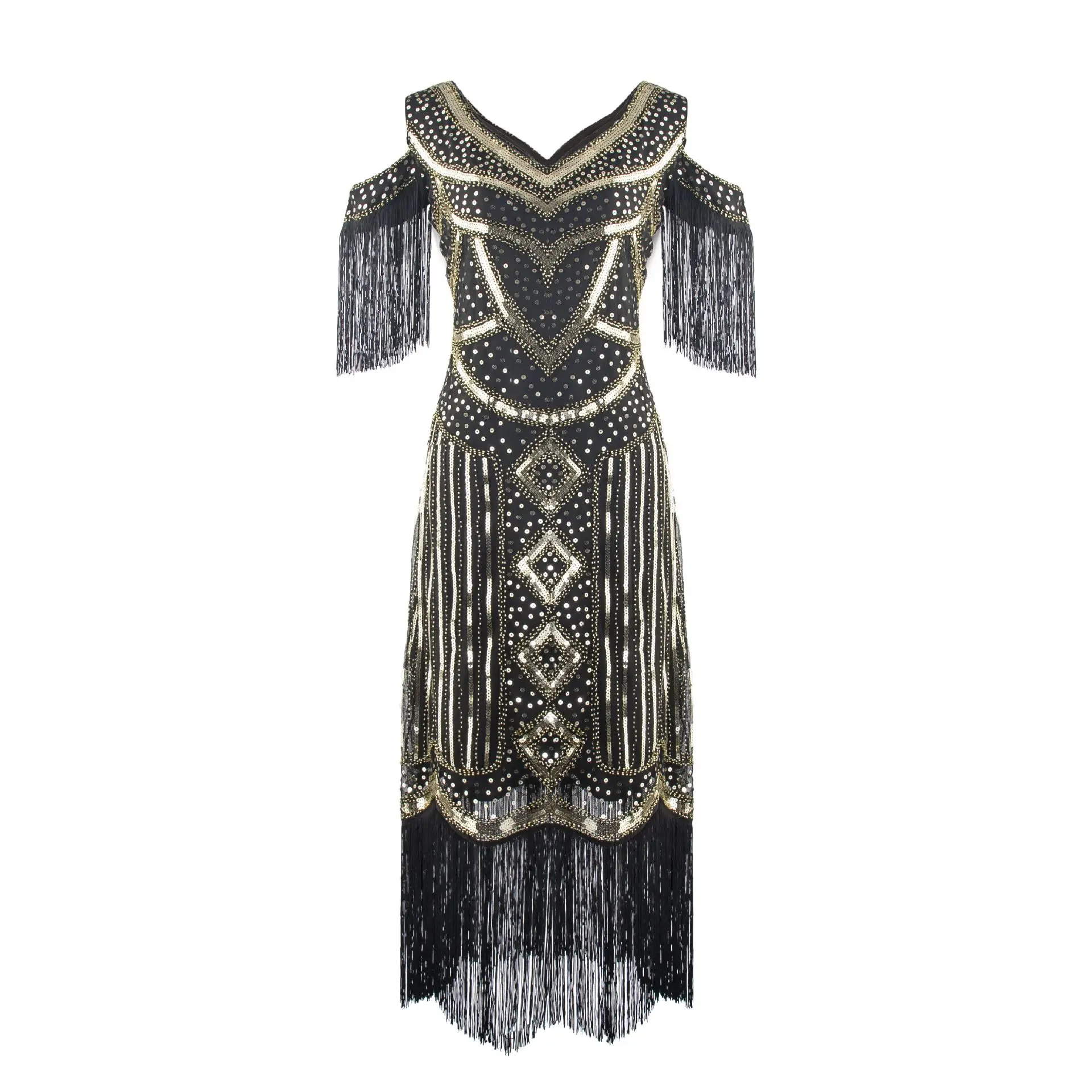 2023 Summer Vintage 1920s Flapper Great Gatsby Dress V-Neck Cap Sleeve Sequin Fringe Party Midi Evening Dress Vestidos Verano