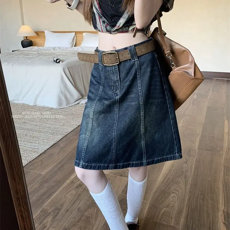 

American Denim Fishtail Skirt Women's New Loose Retro Old High Waist A Word Skirt