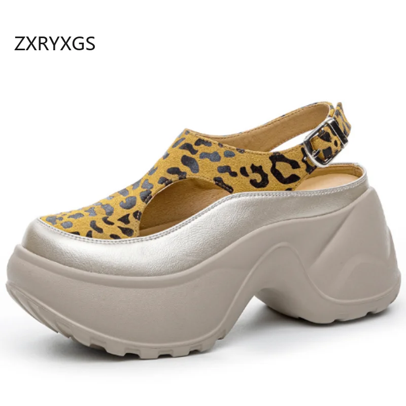 

ZXRYXGS Hot Selling 2025 Summer Round Toe Women's Genuine Leather Sandals Thick Sole High Heels Height Increasing Sandals Tide