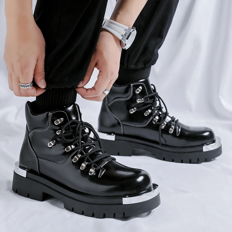 Physical Shooting Original Design Spring New Black Patent Leather Boots For Men's Metal Decoration Punk Height Increasing Shoes