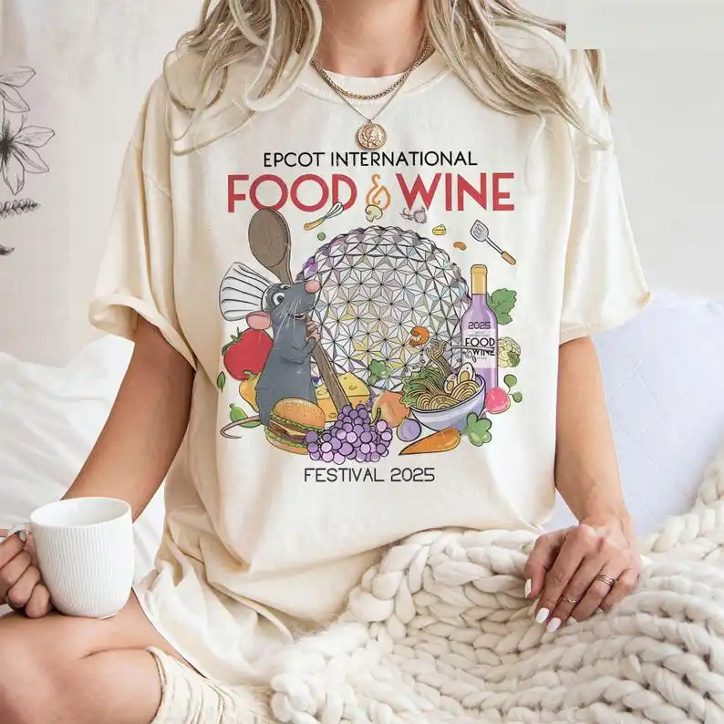 

Remy Chef Disney Epcot International Food and Wine Festival 2025 Print T-Shirt Remy Ratatouille Snacks Drinking Team Women Tops