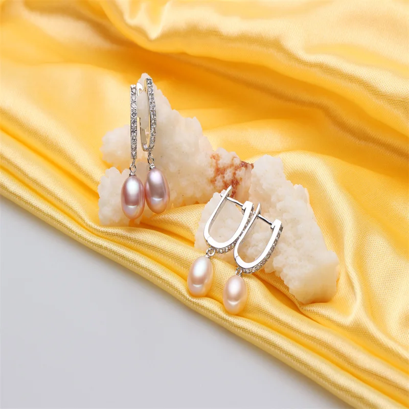 YWYC Horseshoe Buckle Freshwater Pearls Earrings for Women Crystal Zircon Hoop Earring Rice Pearl Jewelry Gift Wholesale