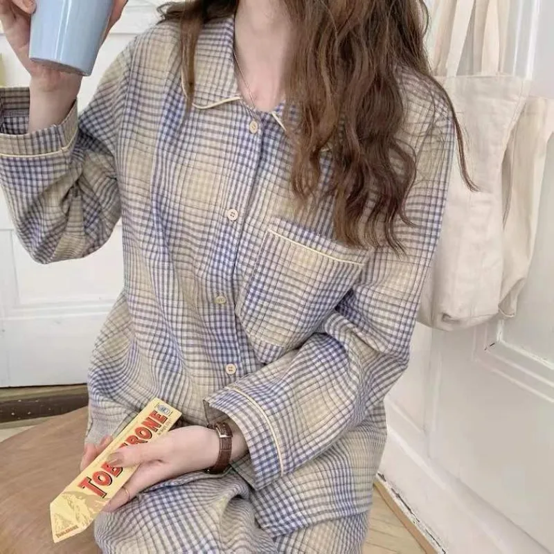 Plaid Sleepwear Women Pajama Sets Korean Piiama Pocket Night Wears Autumn Pants Sets 2 Pieces Button Long Sleeve Home Suit New