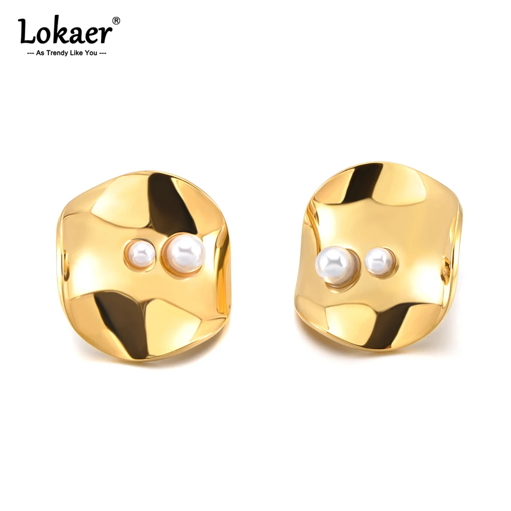 Lokaer Fashion White Imitation Pearl Geometric Earrings Delicate Gold Plated Women's Earrings Stainless Steel Jewelry E26080