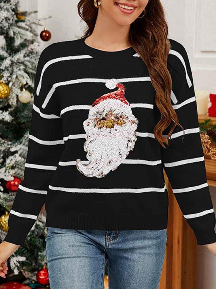 

Fall Winter 2025 Ugly Sweater Christmas Sweaters Women Sequined Santa Striped New Year Top Pullover Jumper Jacket Long Sleeve