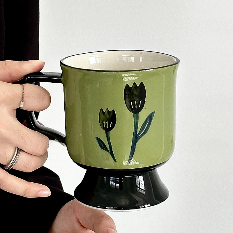 

Vintage Green Hand Painted Tulip Ceramic Medium Antique Large Capacity Coffee Mug