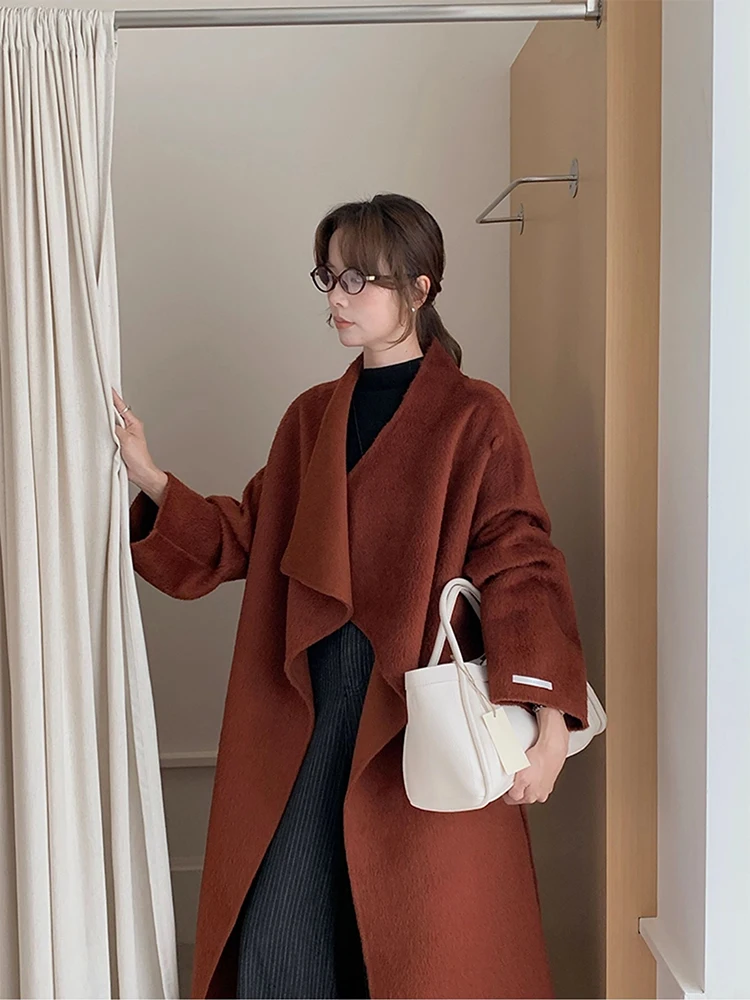 

Office Lady Lace-Up Alpaca Woolen Jackets 2025 Autumn And Winter One-Button Simple Elegant Large Collar Women's Long Wool Coats