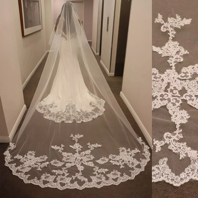 

Lace Bridal Veils Applique Wedding Veil With Comb 2T Cathedral Length Wedding Veils Accessoires Customized