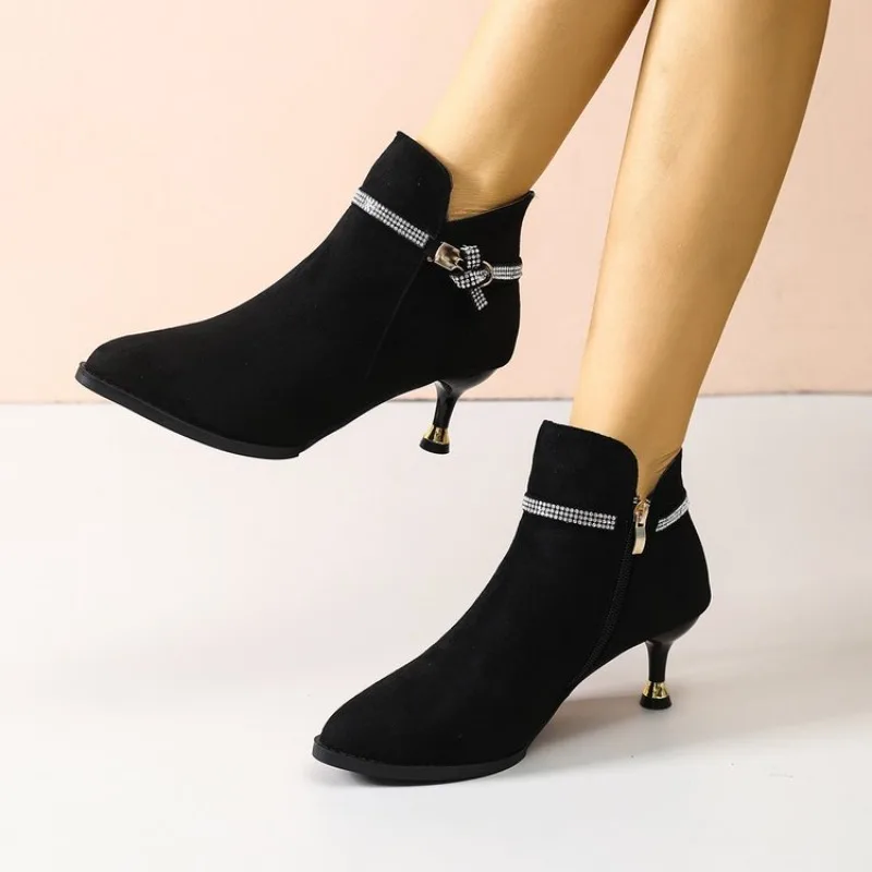 Damen High Heels Schuhe Elegante Wildleder Spitzpumps Stilettos Elegante Kurze Stiefel Mode Luxus Kristall für Frauen Herbst – Detail 11