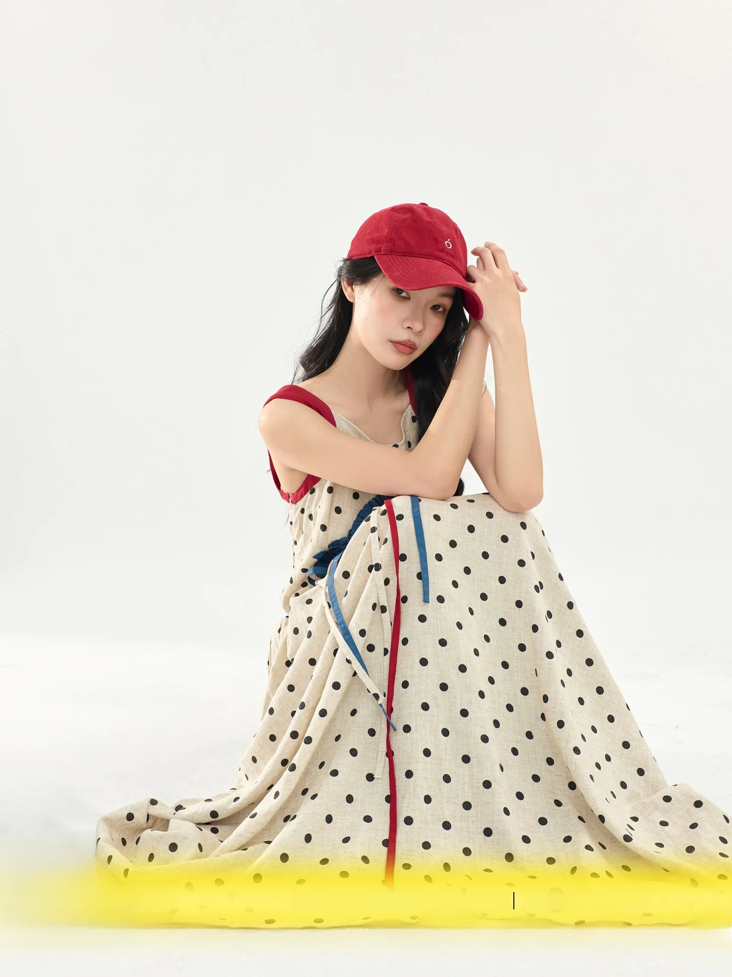 

Vacation Style Long Sleeveless Women's Dress Polka Dot Splicing Design High Waist A-Line Skirt Summer Commute Fashion Polyest...
