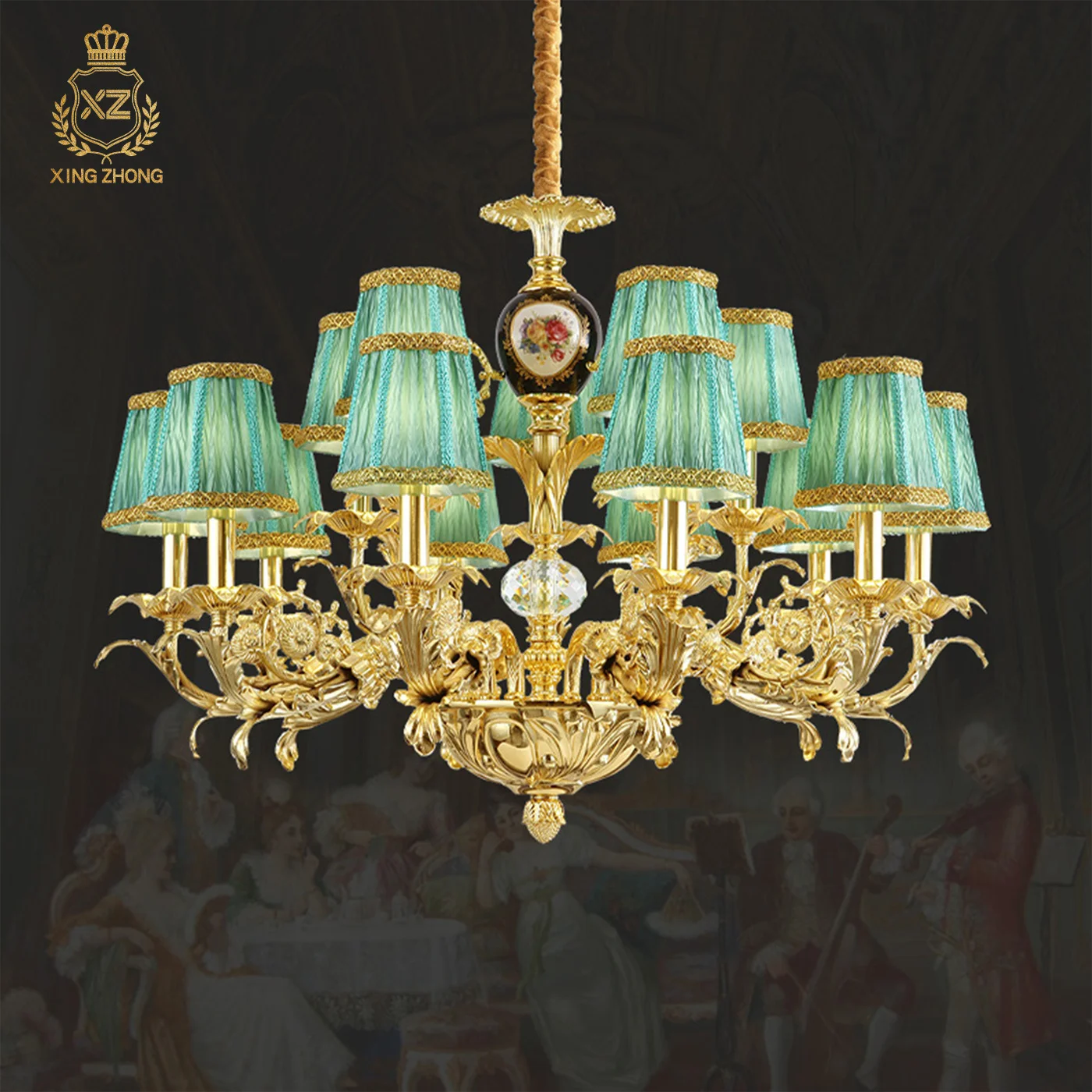European Neo Classic Living Room Dining Room Copper Chandelier Apartment Banquet Hall Personality Green Fabric Pendant Light
