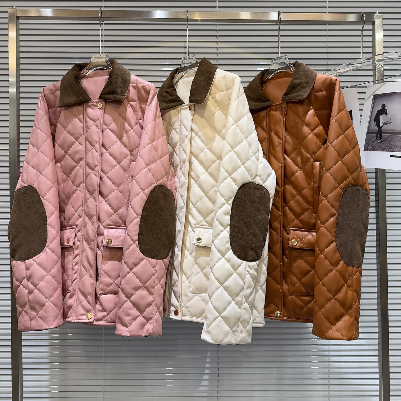 2026 Winter New Style Women's Cotton Pressed Diamond Patterned Color Block  Collar Medium Length Leather Jacket Coat