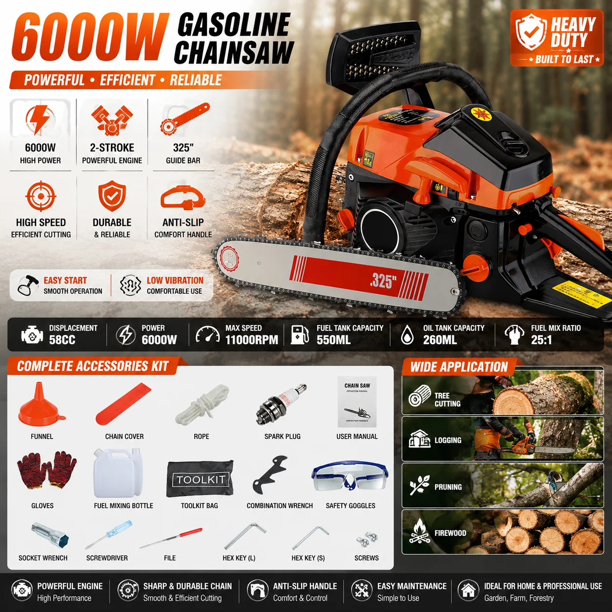 Motosega a benzina a 2 tempi, ad alta potenza, robusta, per il taglio del legno, strumento professionale per la potatura e la fustellatura degli alberi, con manico antiscivolo, ideale per uso