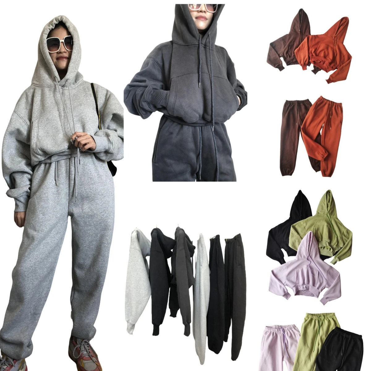 Wholesale Fleece Hoodie with Jogger Pant Sweat Suit Fall Winter 2 Piece Set Tracksuit Women Sports Outfit Two Piece Solid Casual