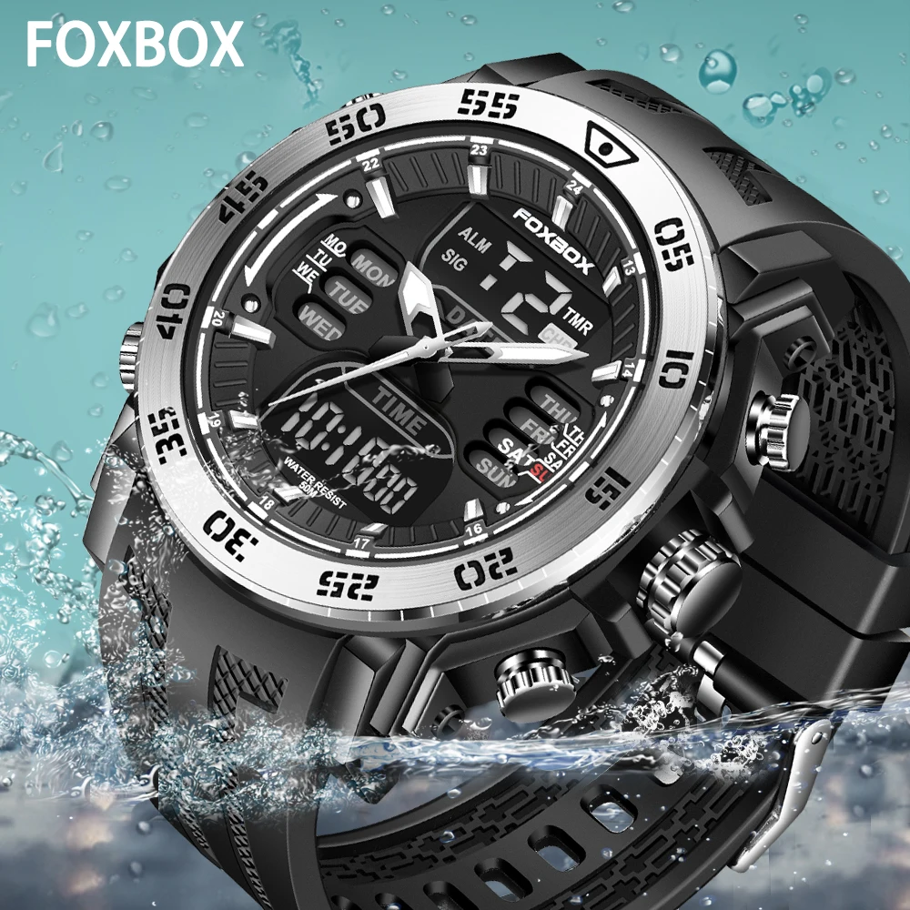 LIGE FOXBOX Man Watchs Casual Sports Luxury Dual Display Quartz Watches for Men Military Waterproof Digital Electronic Clock+Box