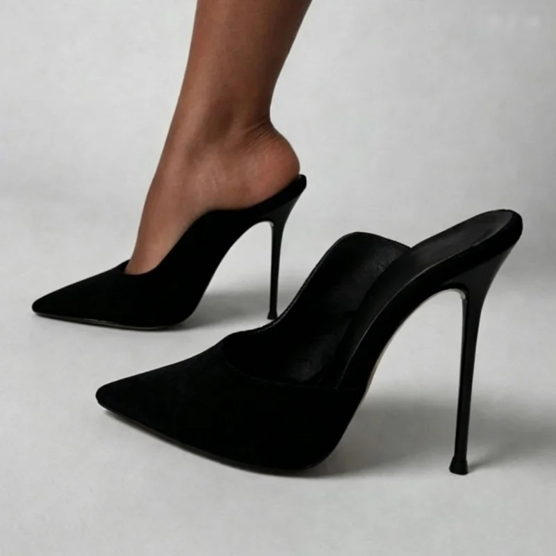 Black Suede Pointed Toe Mule High Heels for Women Sexy Stiletto Slip‑On Backless Pumps Elegant Party Wedding Evening Dress Heel