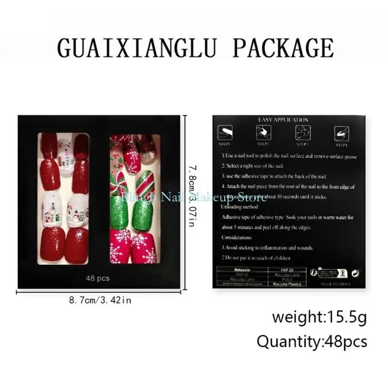 28TA Holiday Press On Glitters French Tip Square False 48Pieces/ Set Christmas Party Red Green Winter Design
