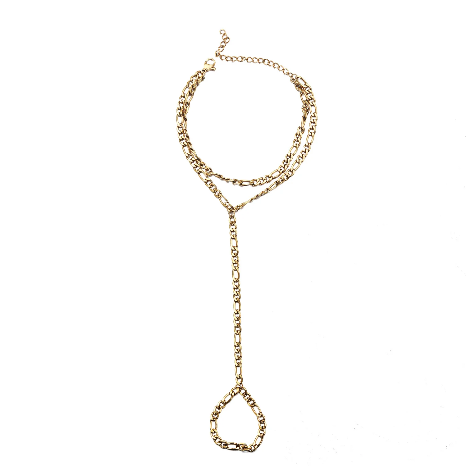 MinaMaMa Stainless Steel Figaro Chain Slave Bracelets For Women Fashion Heart Finger Hand Chain Bracelet with Ring Jewelry