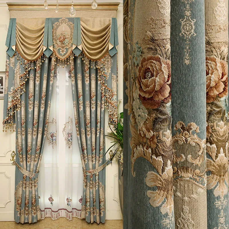 European-style Curtain for Living Room Bedroom High-end Thick Chenille Jacquard Curtain Embossed Embroidered Curtain Fabric