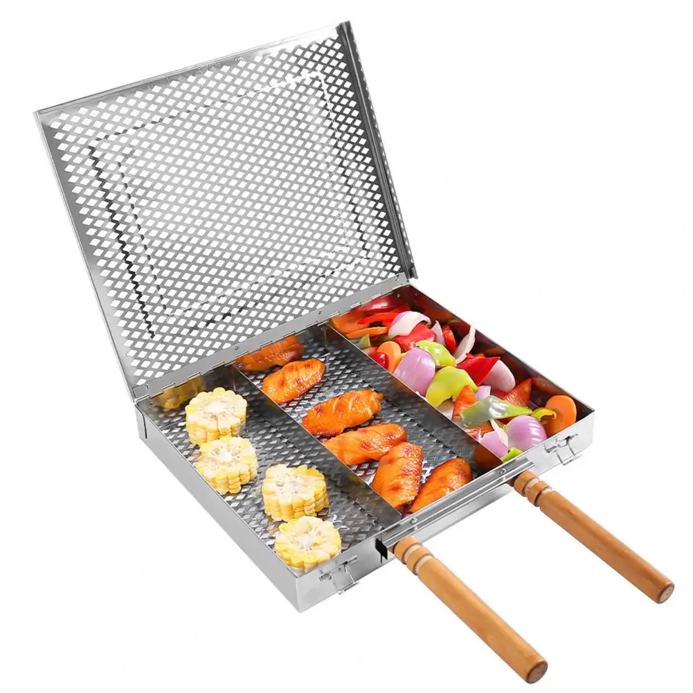 Smoke Grill Basket Stainless Steel Bbq Grill Basket with Wooden Handle for Fish Meat Steak Grilling Accessory for 3 Sections