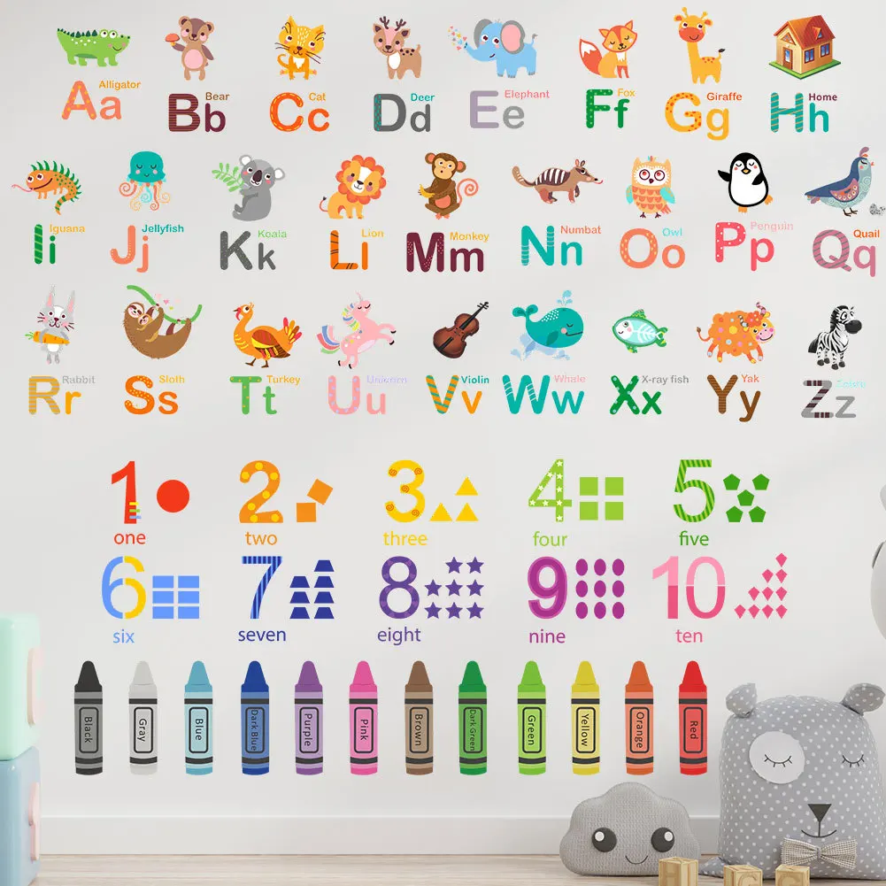 cartoon animal alphabet wall sticker for kids room nursery scholl classroom number wall decal sticker