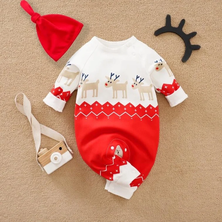 2 Pcs Baby Christmas Clothes Cute Deer Print Jumpsuit