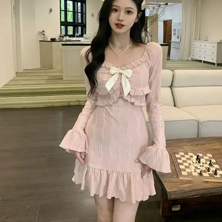 Dress A-Line Square Collar Bow Flare Sleeve Pink Sweet Elegant Fashion Slim Prom Gown High Street One-Piece Frocks Short Skirt