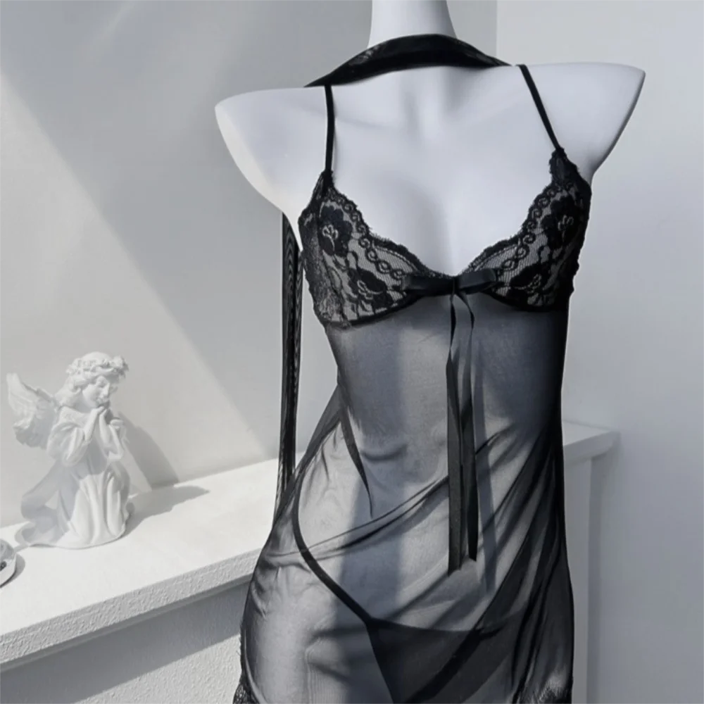 

Transparent Lace Suspender Nightdress Backless Ice Silk Mesh Sling Nightgown Deep V Neck Women Lingerie Sleepwear Robe Set Lady