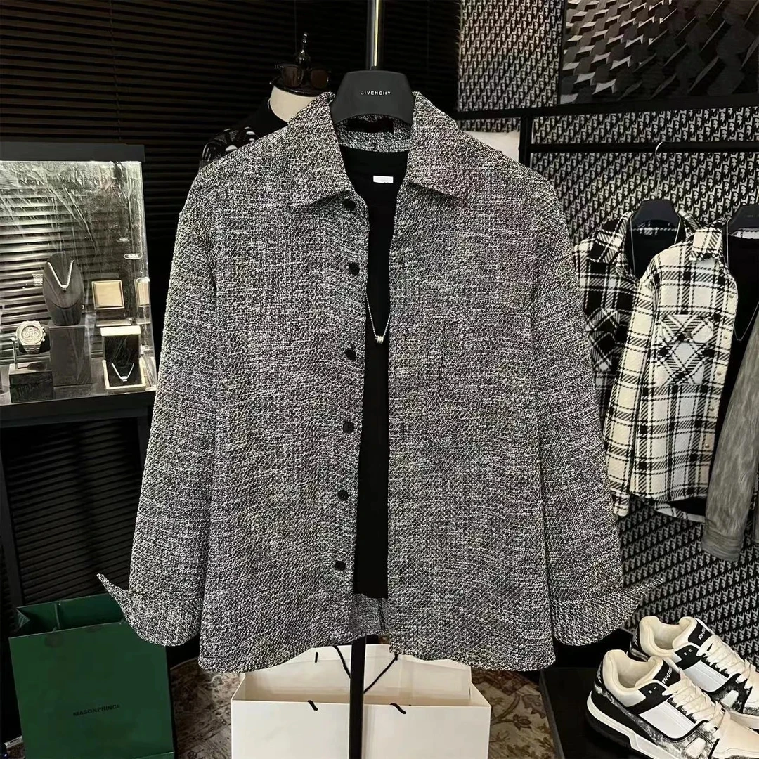 

Spring Autumn Men's Small Fraance Sle irt Jaet Trendy Versatile High-End ey Retro Knitted Long Sve Men's Top