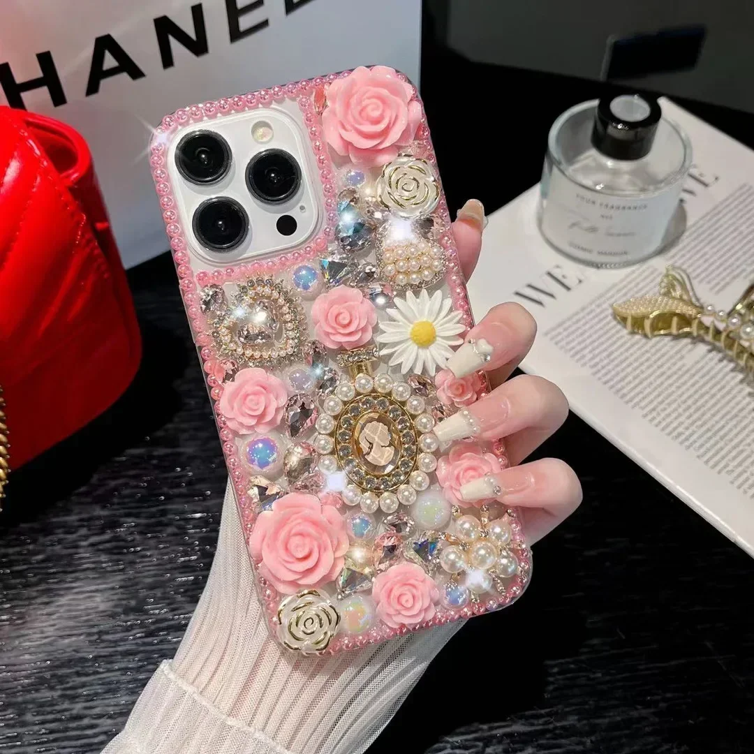 

Bling Diamond Perfume Bottle Flowers Rhinestone Case for Huawei P50 P60 Pro Mate 50 60 & Honor 80 90 100 Pro