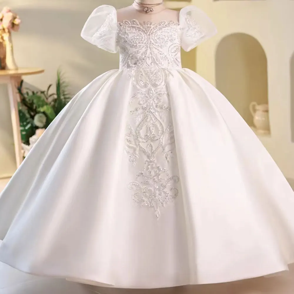 Jill Wish Elegant White Flower Girl Dress Beads Satin Arabic Princess Kids Birthday Wedding Guest Party Gown Communion 2024 J251