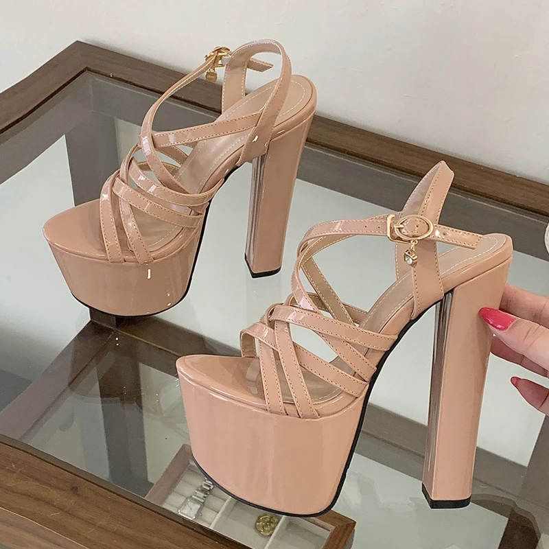 

Liyke подиумный стиль 16 см, босоножки на платформе на толстом высоком каблуке, пикантные вечерние платья с узким ремешком на щиколотке и открытым носком, женская обувь абрикосового цвета
