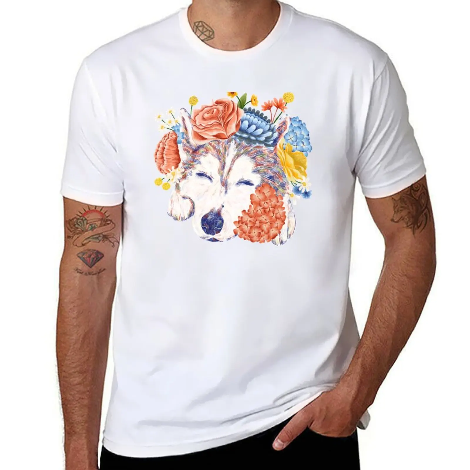 

Colored Pencil Husky Dog Flower Crown T-Shirt man t shirt designer t shirts for man slim fit T-Shirt