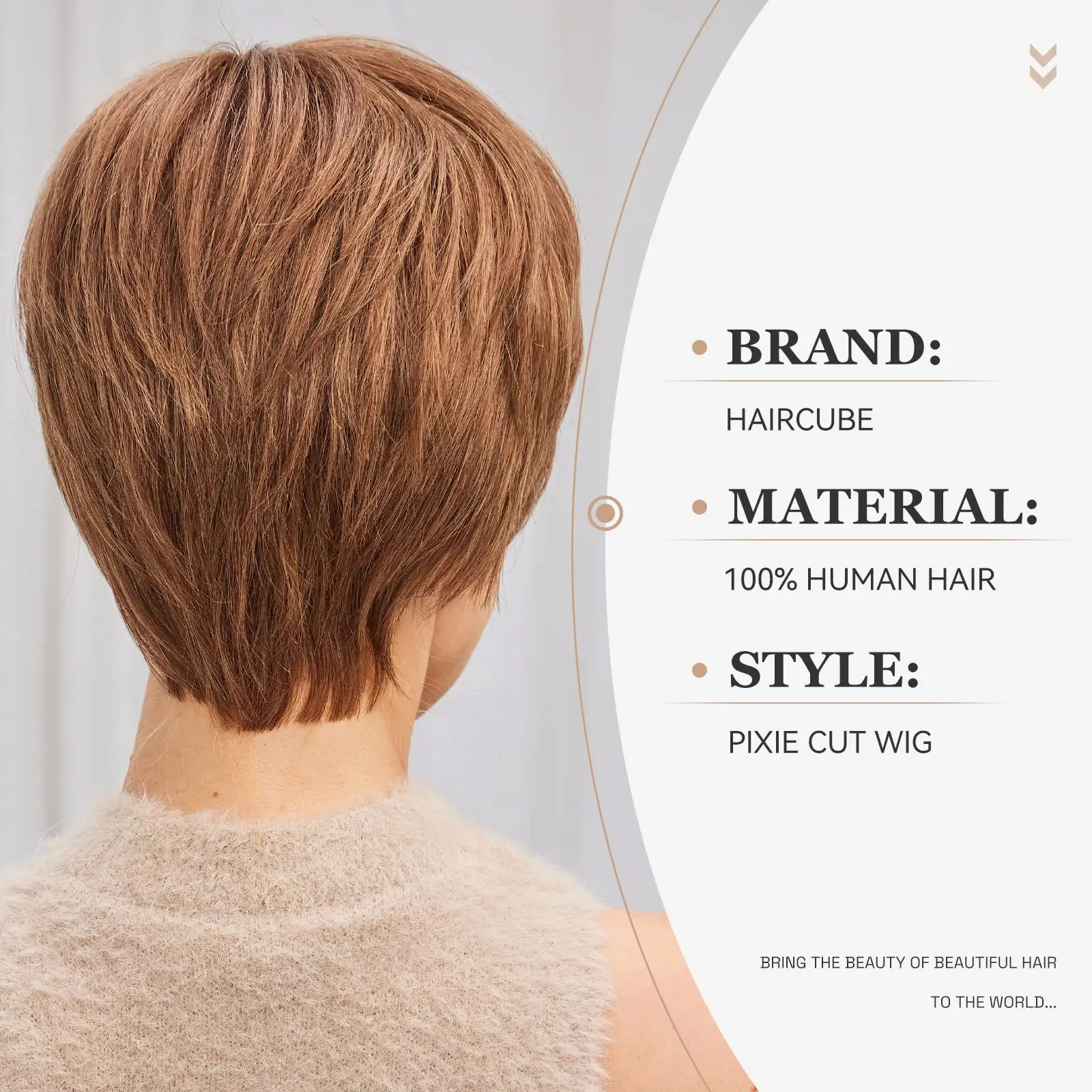 Golden Brown Short Bob Human Hair Wigs Pixie Cut Straight Layered Wigs with Bangs for Women Natural Human Hair Machine Made Wig