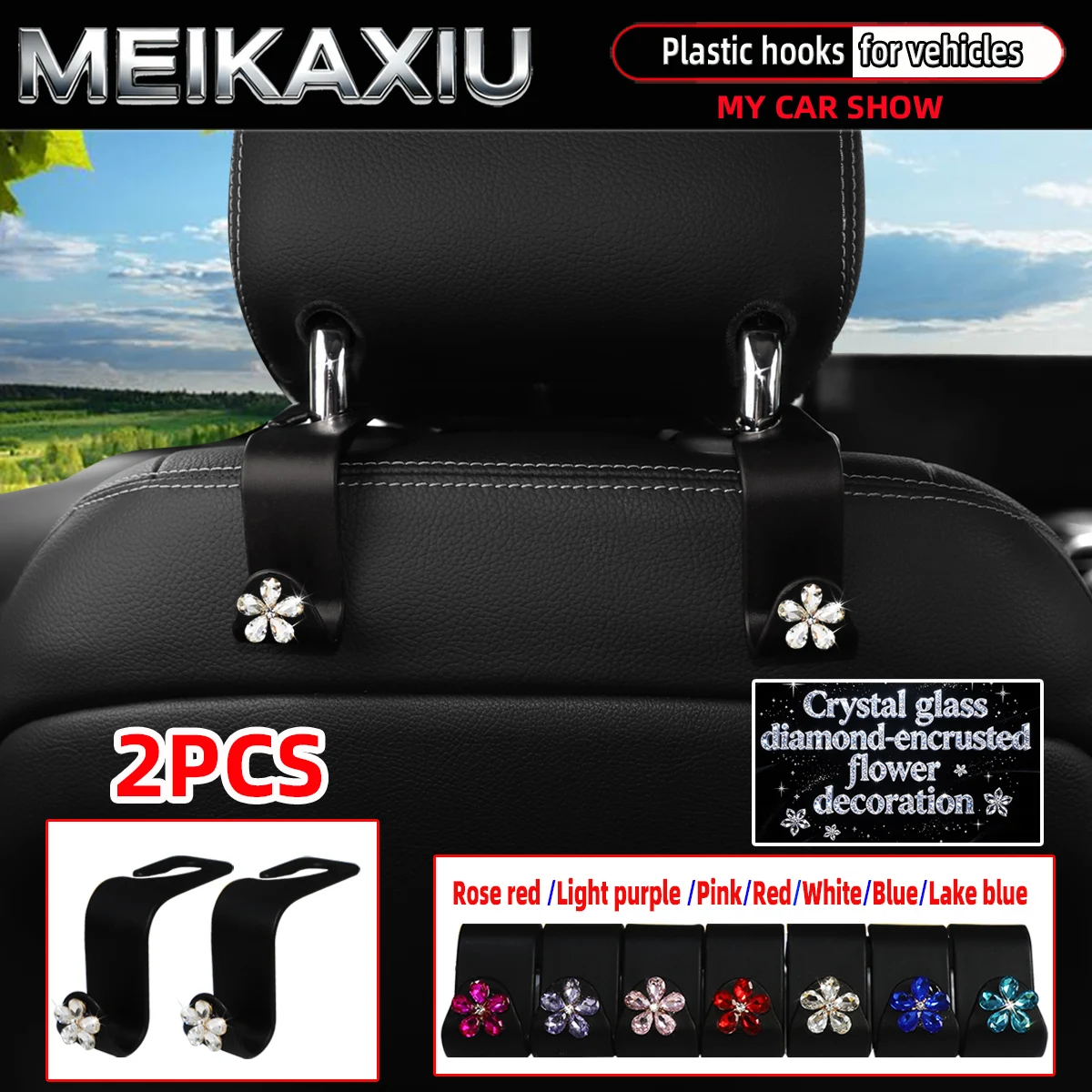 New Style Diamond-Studded Crystal Flower Car Seat Headrest Hooks Universal Blingbling Women's Handbag Bag Car Decoration 2-Pack