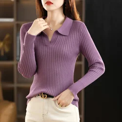 Women New Wool Blend Sweater Polo Collar Vertical Stripes Pullover Autumn Winter Bottoming Shirt Casual Slim Warm Knitting Top