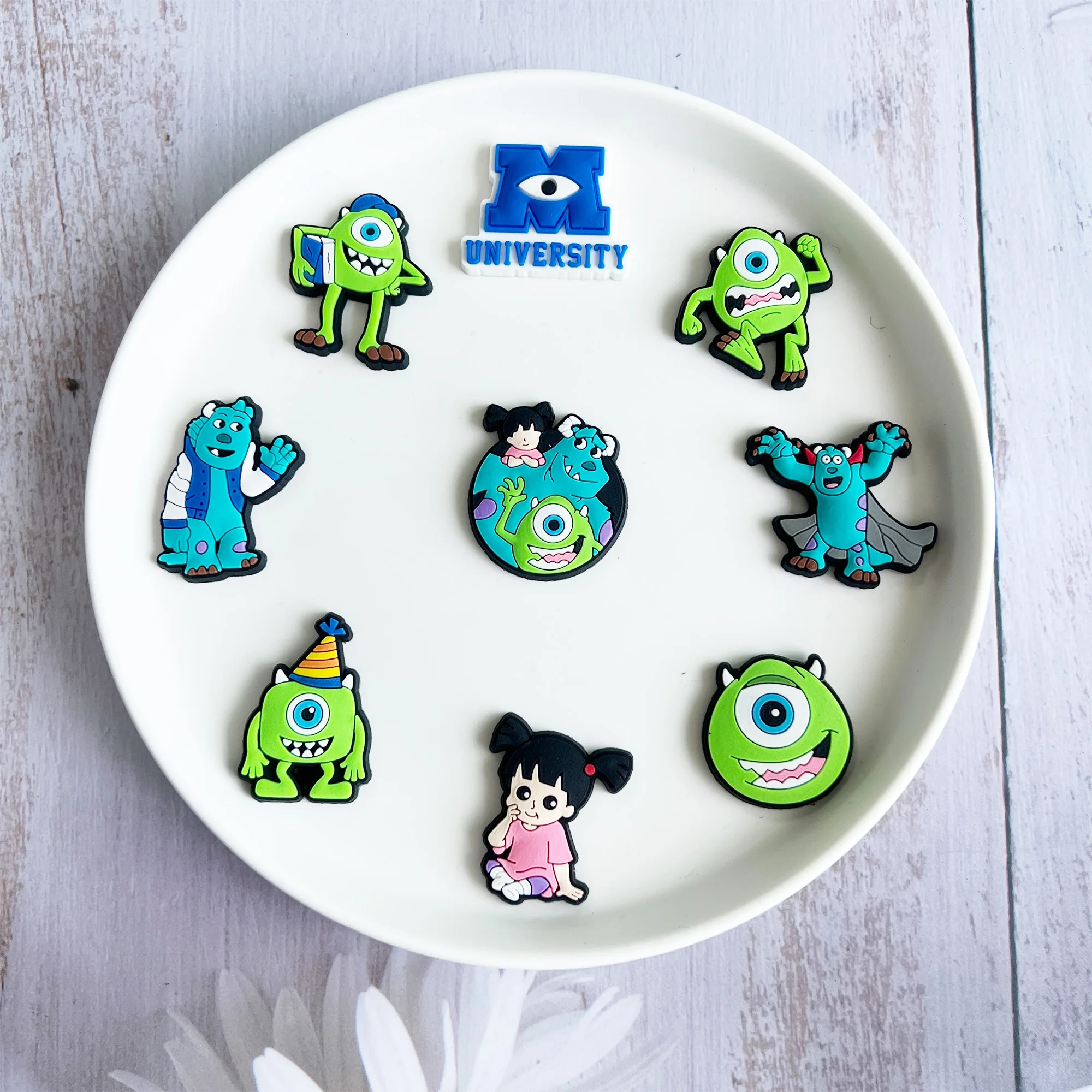 MINISO 16pcs Disney Cartoon Monsters Inc. University James P Shoe Charms PVC Garden Shoes Buckles Decoration Fit Kids Gift