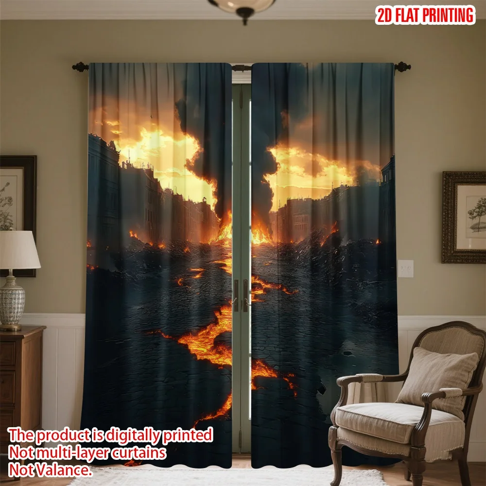 

2D flat printing 2pcs Drapes Burning City Streets Digital Printed Polyester Drapes Festive Holiday Perfect for Festive Portraits