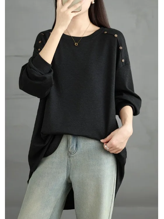 

Новая осенняя женская футболка больших размеров с круглым вырезом, утепленная, повседневная, свободного кроя, средней длины, однотонная, простой дизайн