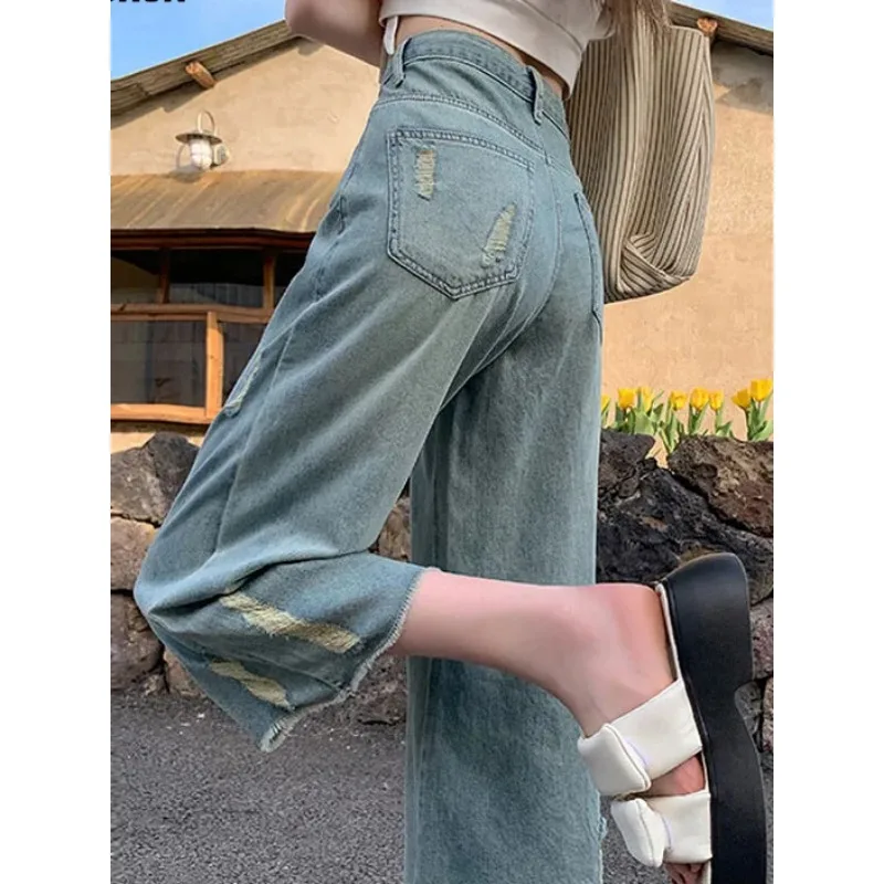 Ripped High Waist Retro Jeans Women's Korean Style Cropped Straight Pants Trend Clothing Aesthetic Wide Woman Baggy Clothes Y2k