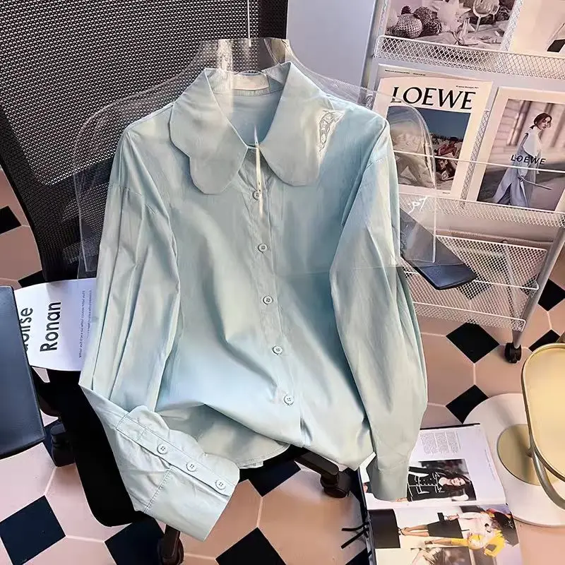 

French Blue Shirts Solid Color Peter Pan Collar Button Up Shirts Women Blouse Casual Long Sleeve Spring Summer All-match 2026