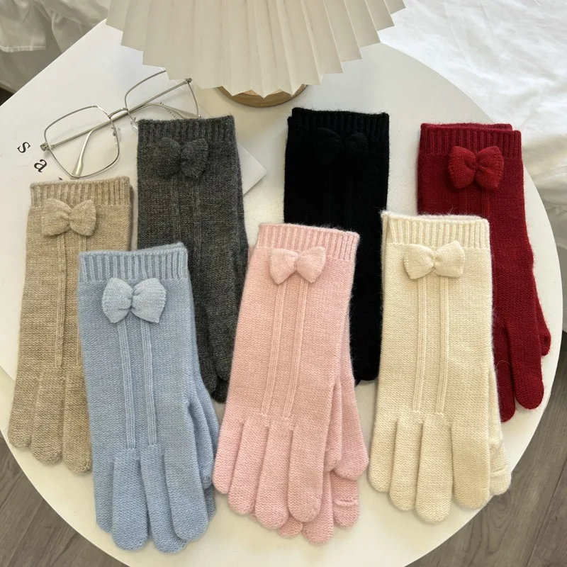 2024 New Style Bowknot Touch Screen Finger South Korea Ins Cute Knitting Wool Five Finger Gloves Female Winter Warm Riding Tide