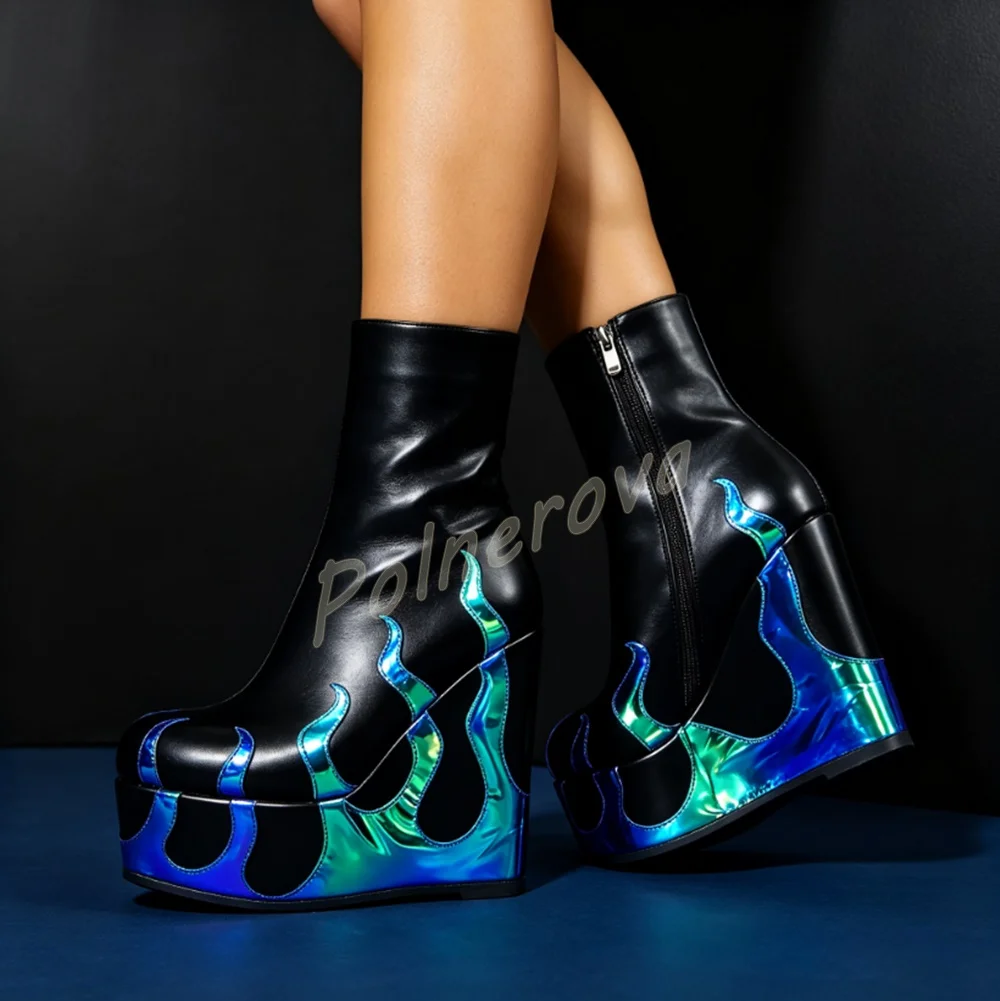 Holographic Flame Platform Ankle Boots Wedge Round Toe Side Zipper Shoes Women Punk Gothic Party Club Patchwork Winter Shoes