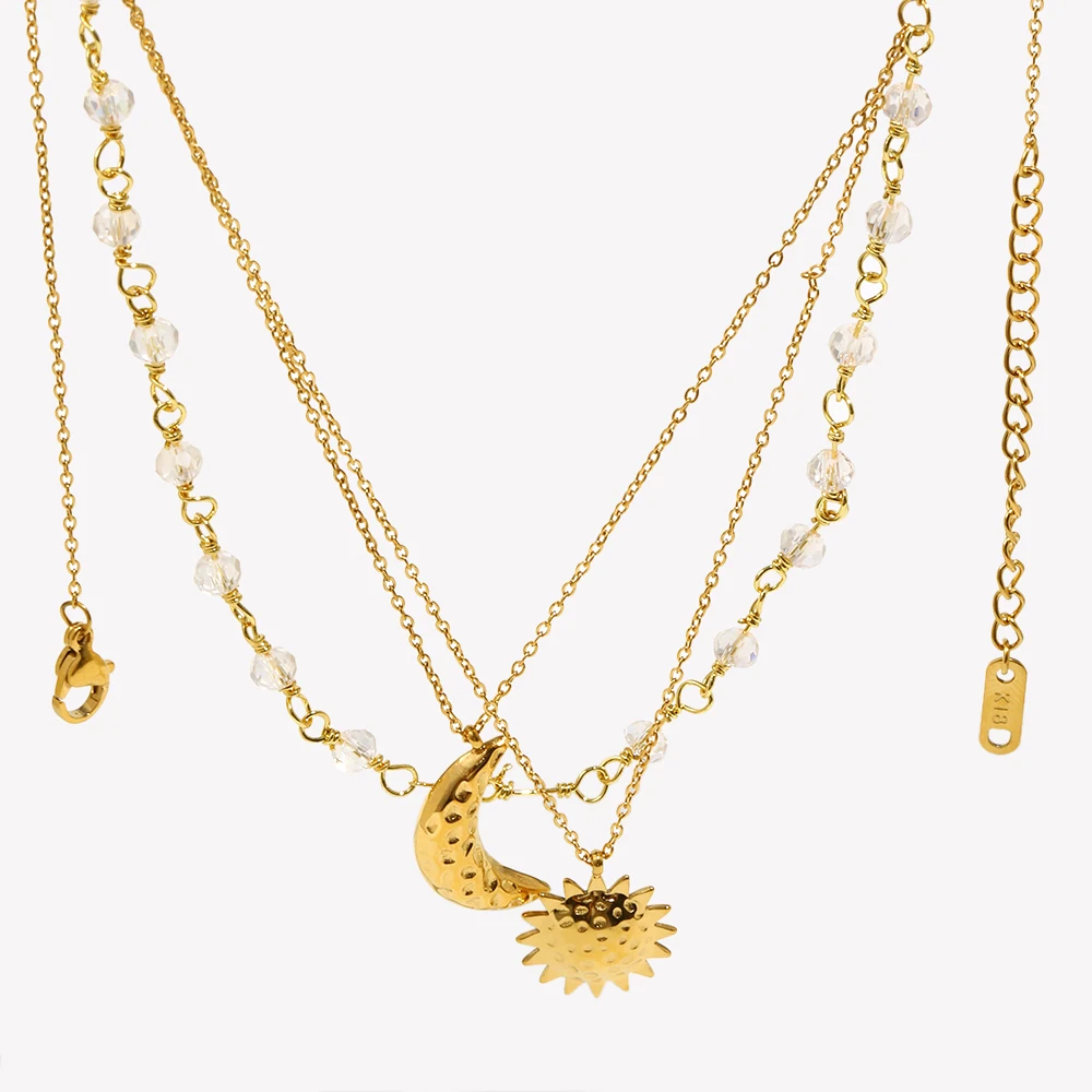 E.B.belle New Exquiste Three Layers Crystal Chain Hammered Moon Sun Pendant Necklaces Girls Waterproof Stainless Steel Jewelry
